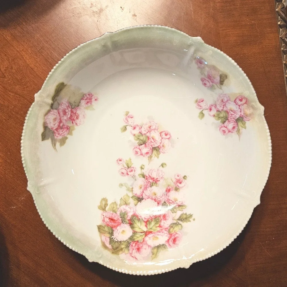 Antique Bavaria Porcelain Pink Rose Serving Bowl Scalloped Beaded Rim 10 Inch